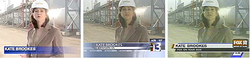 Medialink publicist Kate Brookes, as she appears on the original VNR (left), on KTNV-13 in Las Vegas (center), and on KFJX-14 in Joplin, Missouri (right).