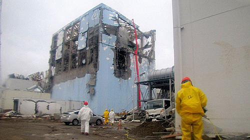 Water being poured on damaged nuclear power plant at Fukushima (Tokyo Electric Power Co.)