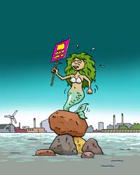 Mermaid holding protest sign