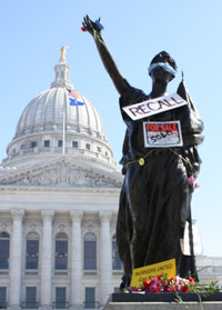 Signs adorning Miss Forward outside of the Wisconsin State Capitol yesterday (Photo credit Lynn Welch)