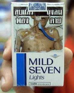 Graphic, top-half health warning on a cigarette pack in Thailand