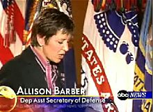 Standing in for President Bush, Allison Barber rehearses soldiers prior to their appearance on TV. (Source: ABC News video)