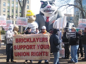 Also lending support the Bricklayer's Union, with a giant inflatable Fat Cat with 'Koch Brothers' on his lapel. The cat is squeezing a little guy with 'Wisconsin Workers' on his hard hat.